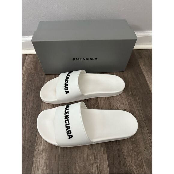 BALENCIAGA MEN'S POOL SLIDE SANDAL IN WHITE BLACK - Picture 8 of 14